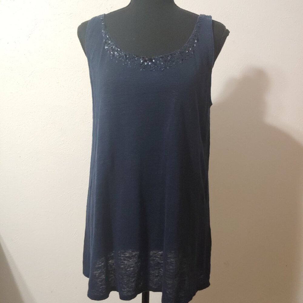Eileen Fisher 100%  Linen  Tank Top with Sequins Blue Tunic